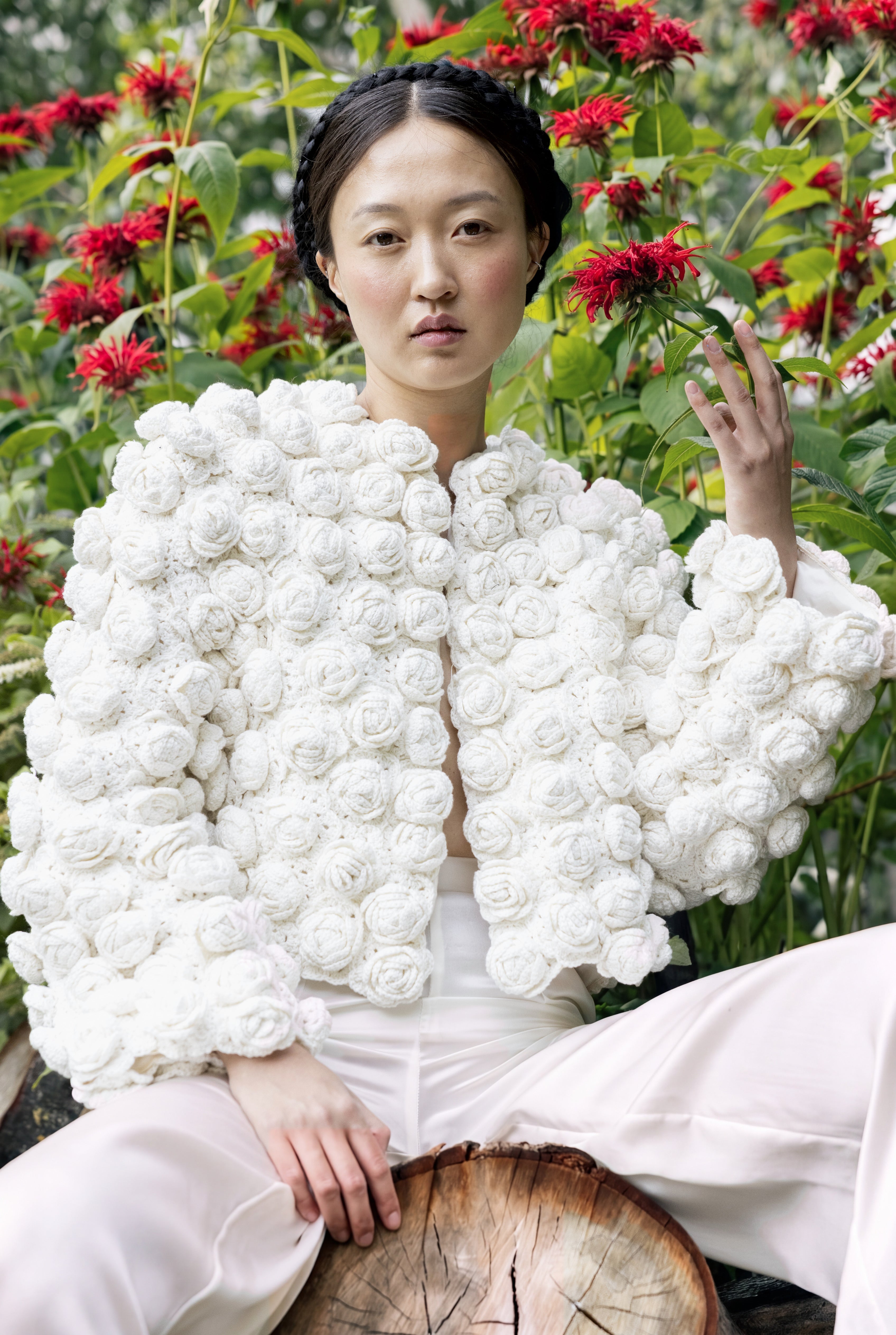 White Rose Jacket & Silk Pants. ESCAPIST GARDEN SS27, MARIE-LOUISE MÜLLER. Photography: Tanja Tremel.