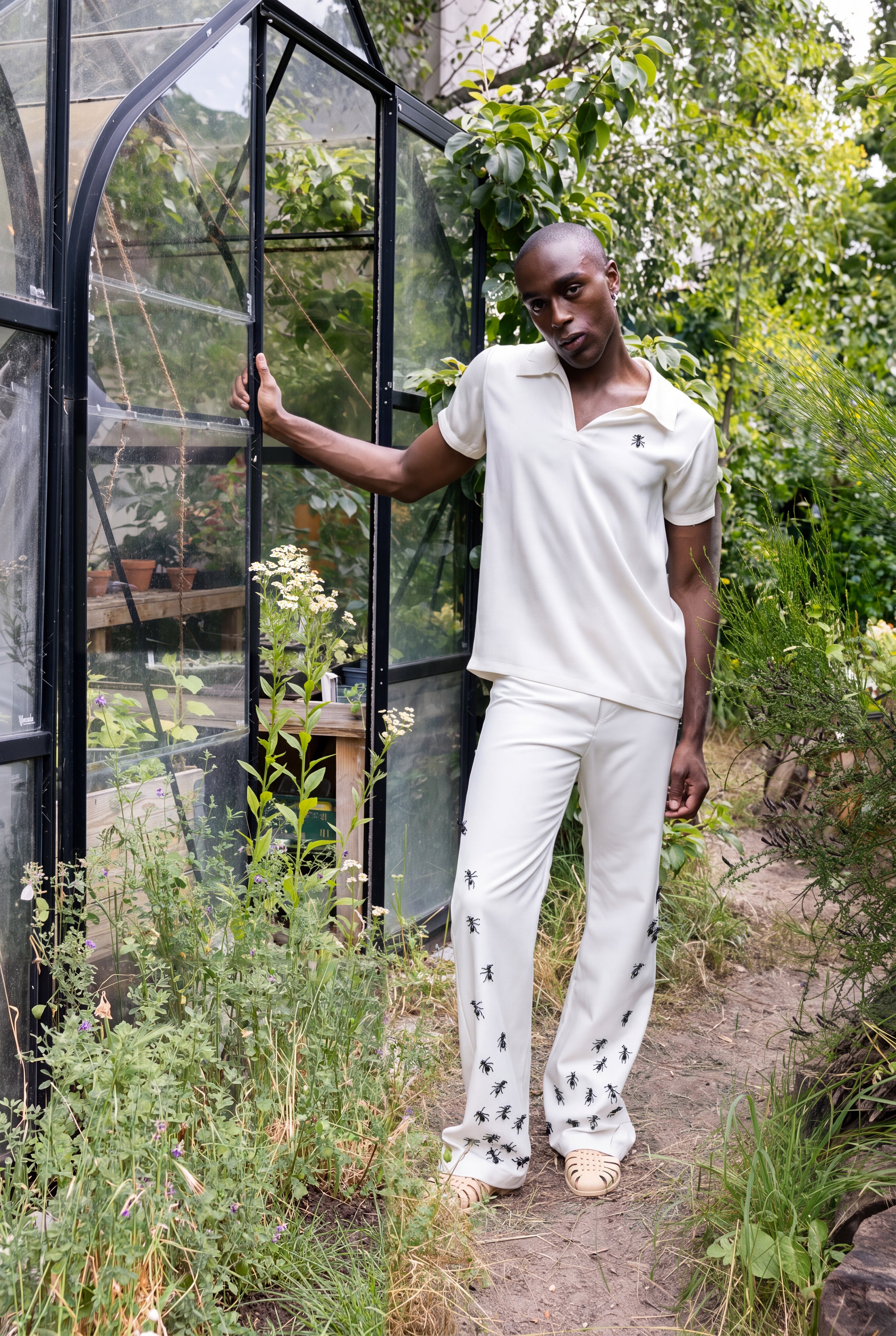 Ants in the Pants & Silk Polo. ESCAPIST GARDEN SS27, MARIE-LOUISE MÜLLER. Photography: Tanja Tremel.