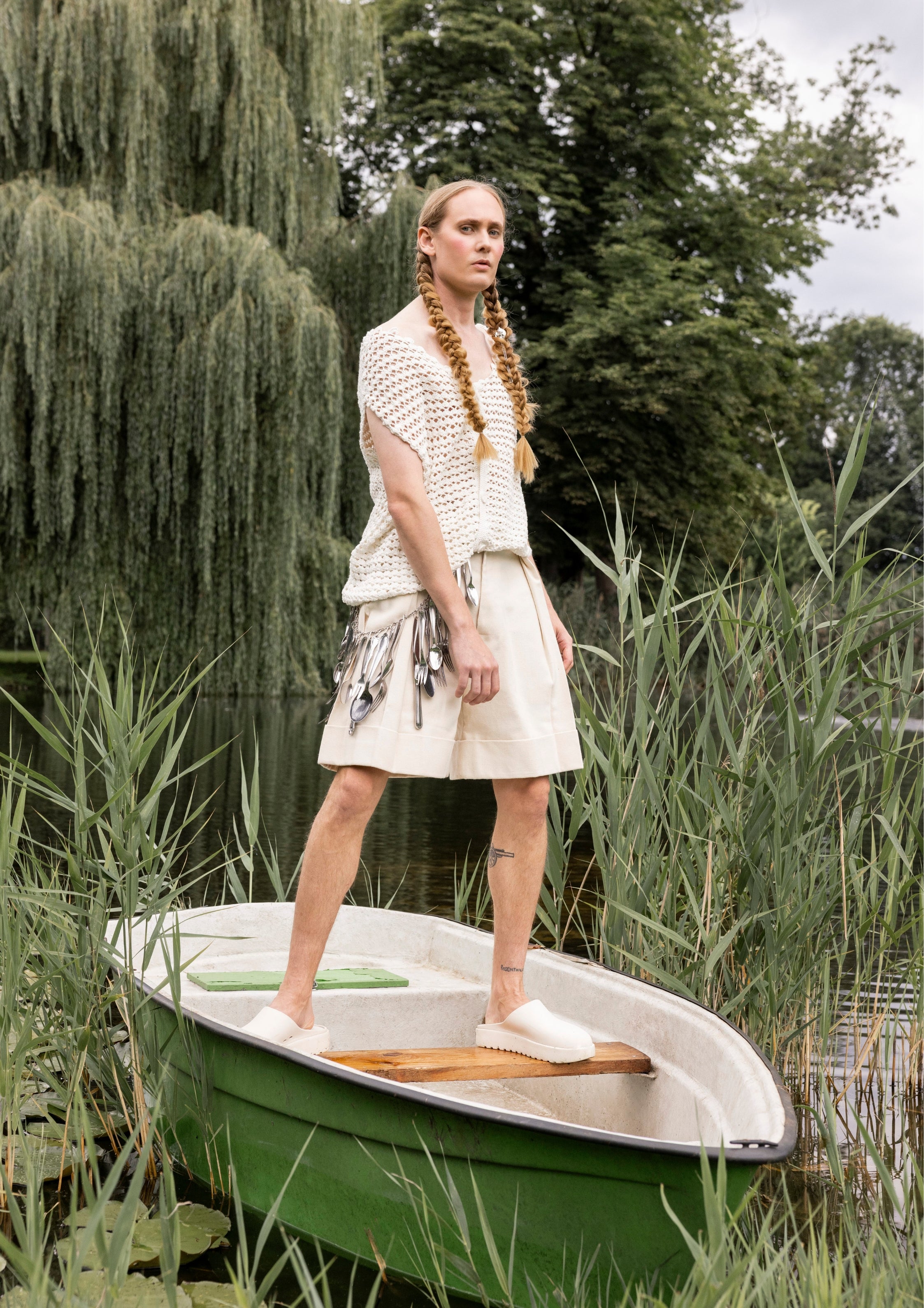 cutlery belt raw cotton shorts knitted top men look photoshoot lookbook slow fashion design berlin Marie-Louise Müller Markus Einer