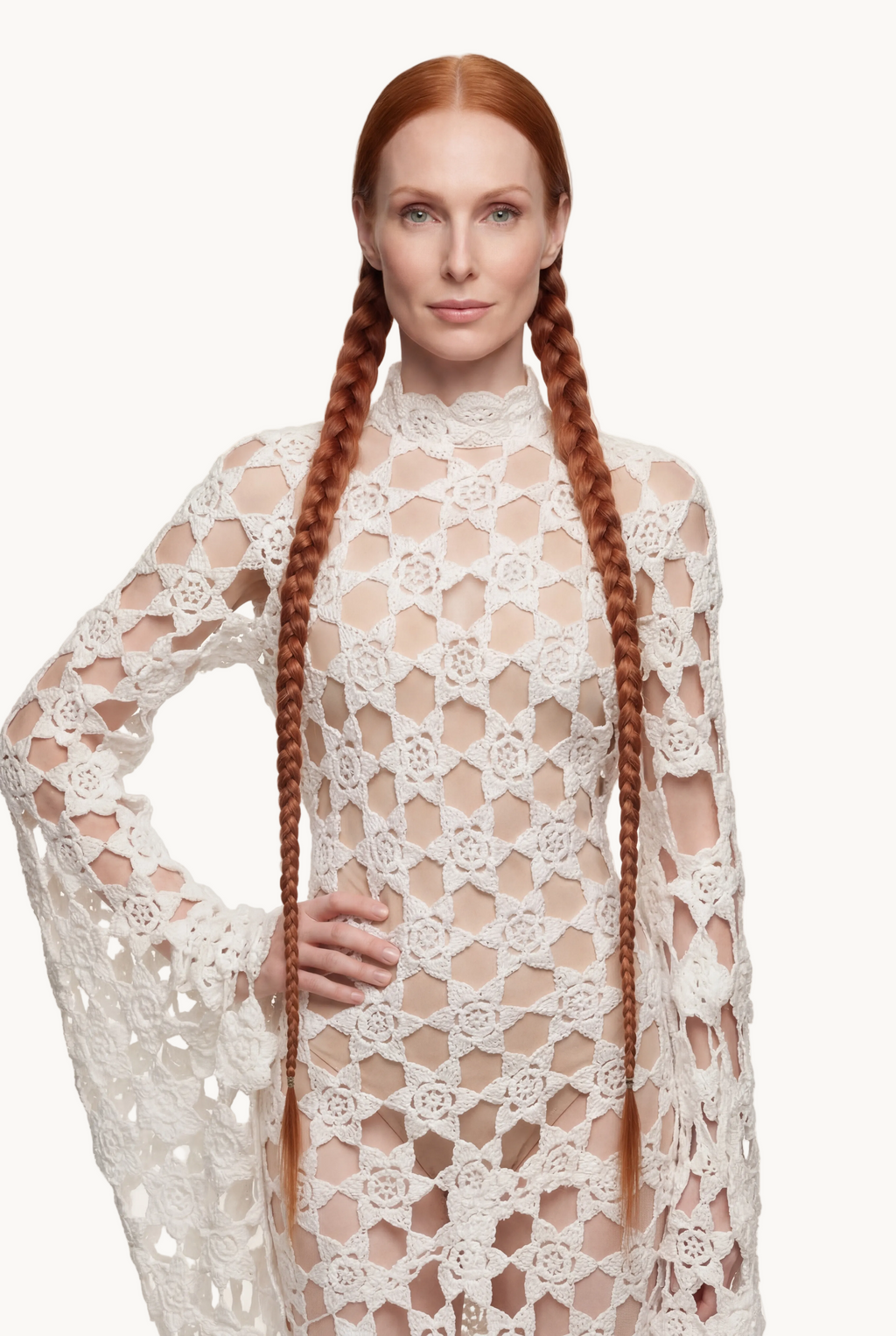 Flower Dress Anna, detail view showing cotton, crochet, crocheted handwork