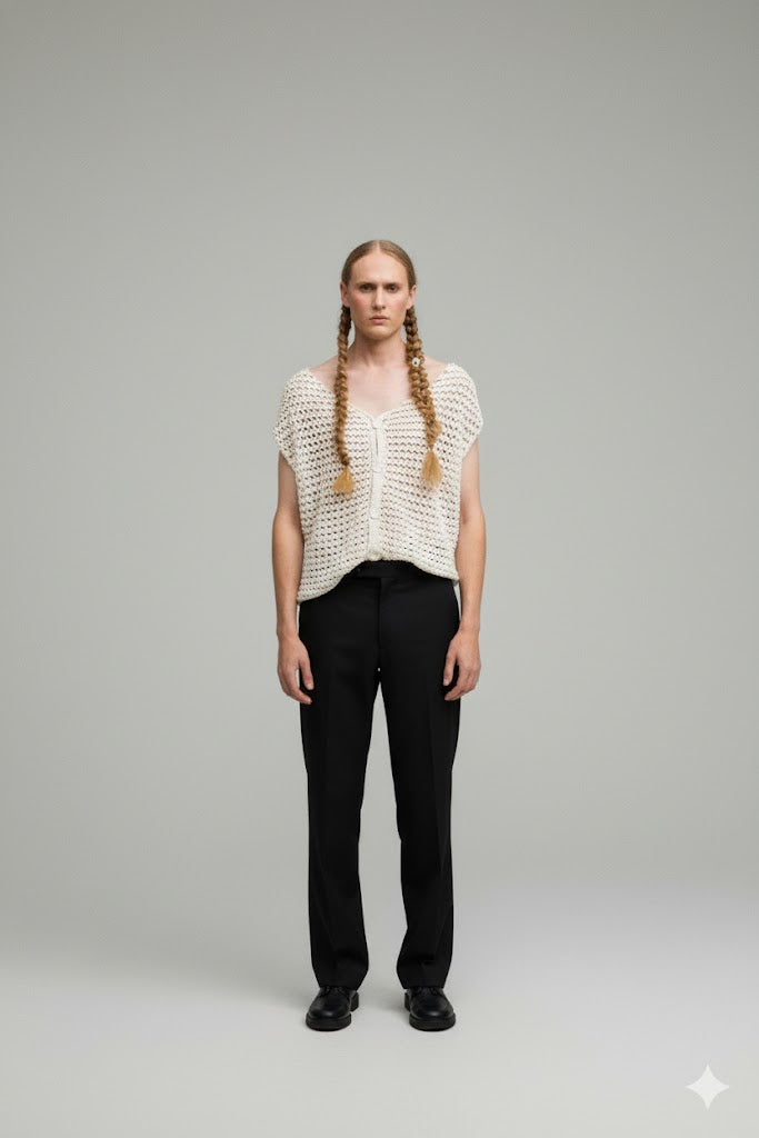 Crocheted Men Top, second view. TABLE TALES SS26. MARIE-LOUISE MÜLLER.