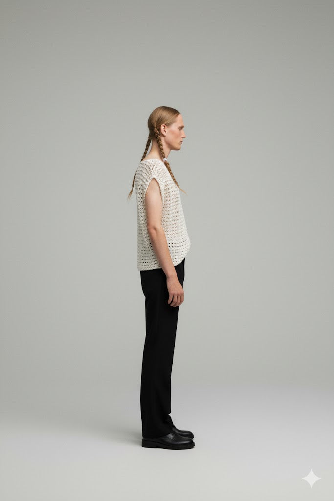 Crocheted Men Top, third view. TABLE TALES SS26. MARIE-LOUISE MÜLLER.