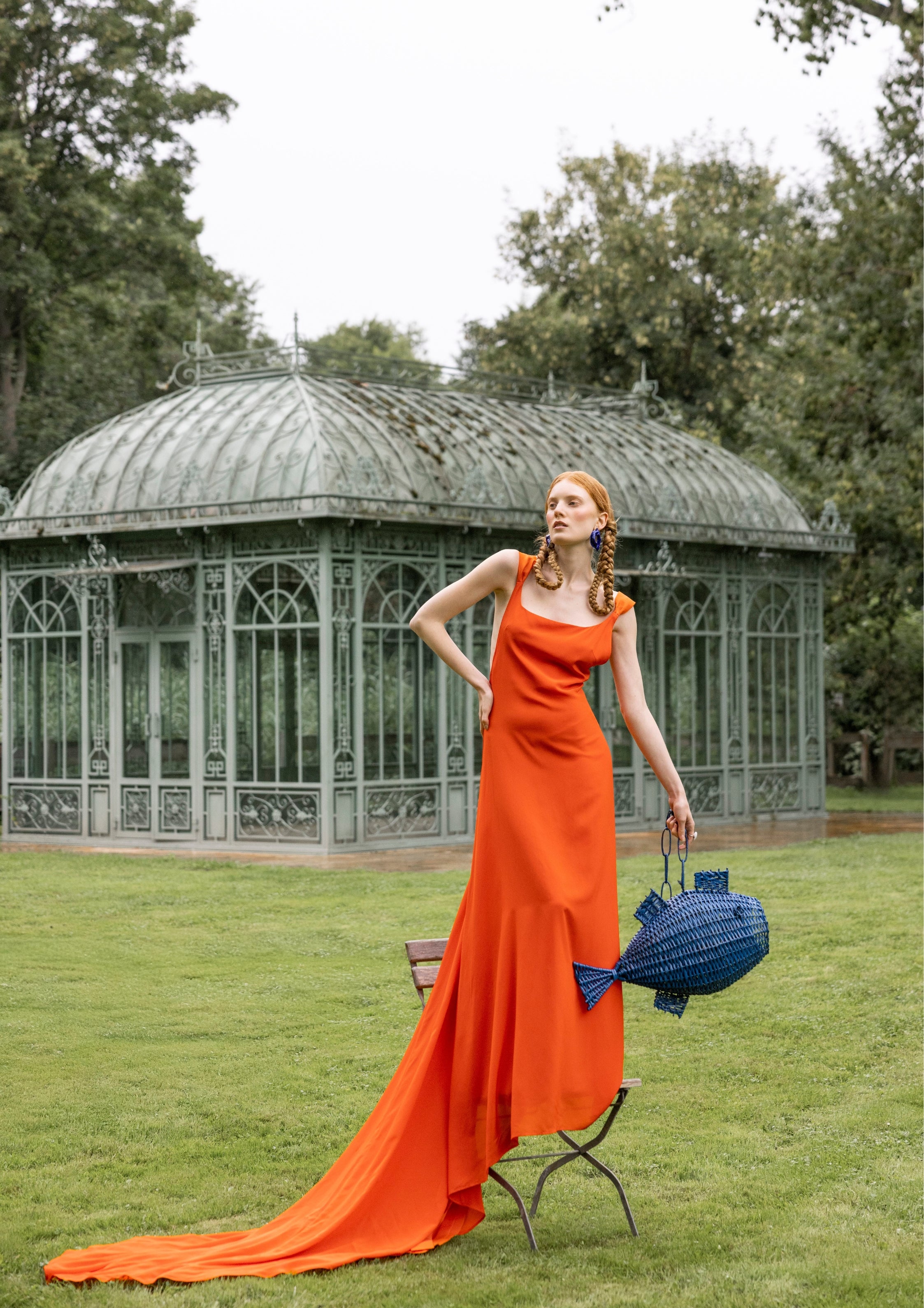 orange silk dress coutoure fish bag handmade lookbook slow fashion berlin Marie-Louise Müller