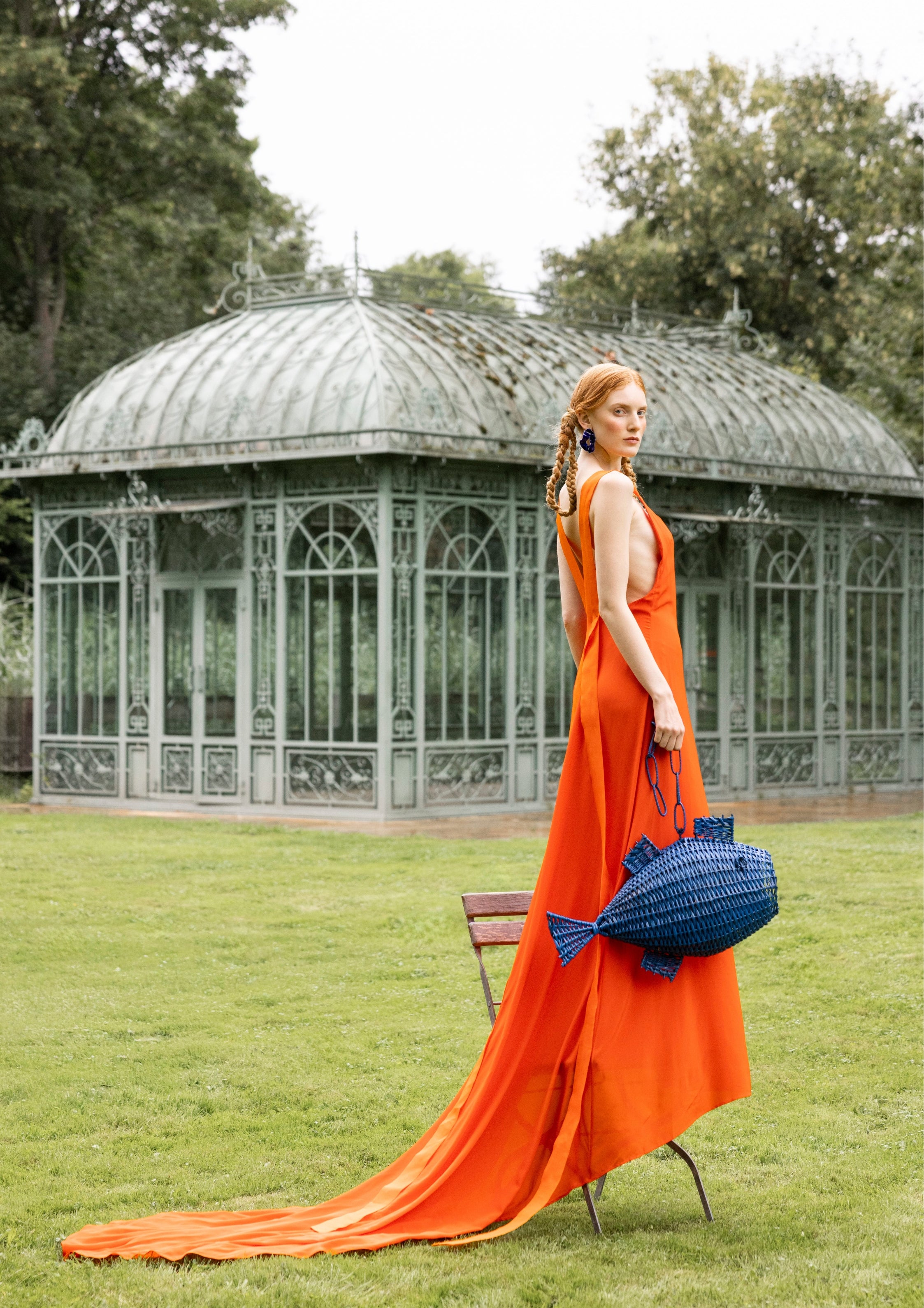 orange silk dress coutoure fish bag handmade lookbook slow fashion berlin Marie-Louise Müller