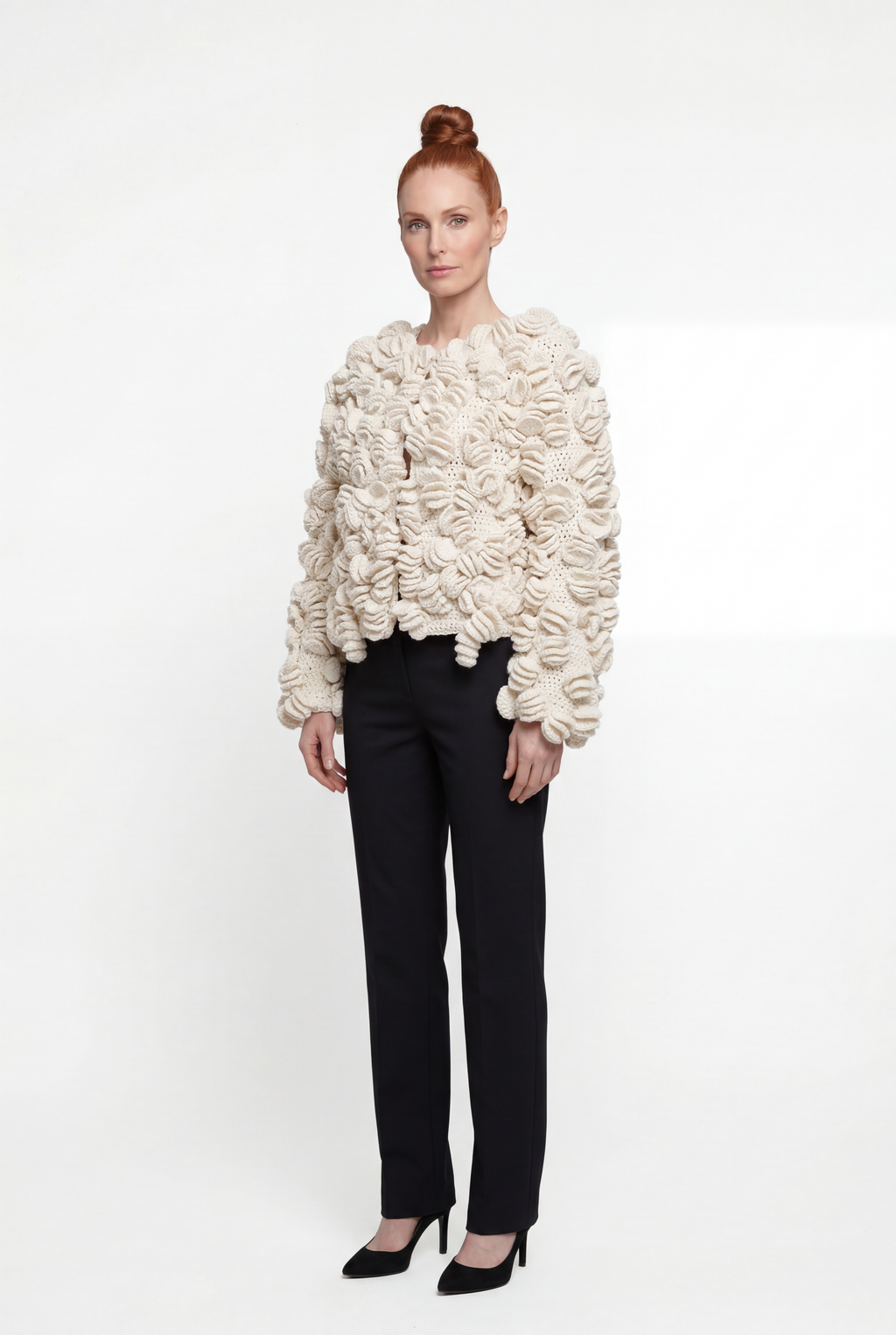 Ruffle Jacket, detail view showing cotton, crochet, crocheted handwork