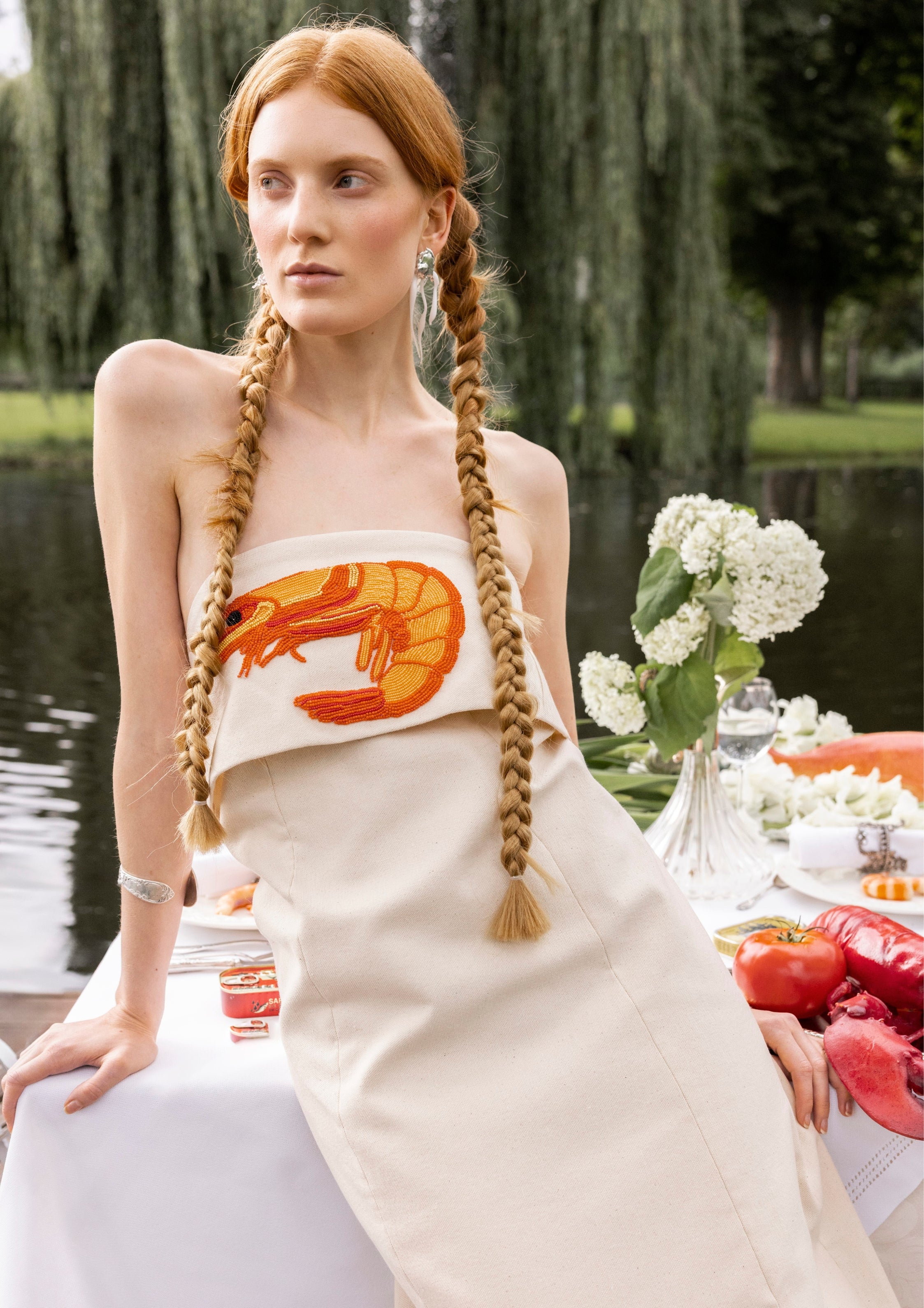 shrimp embroidery hand made raw cotton line dress lookbook photoshoot slow fashion design berlin Marie-Louise Müller