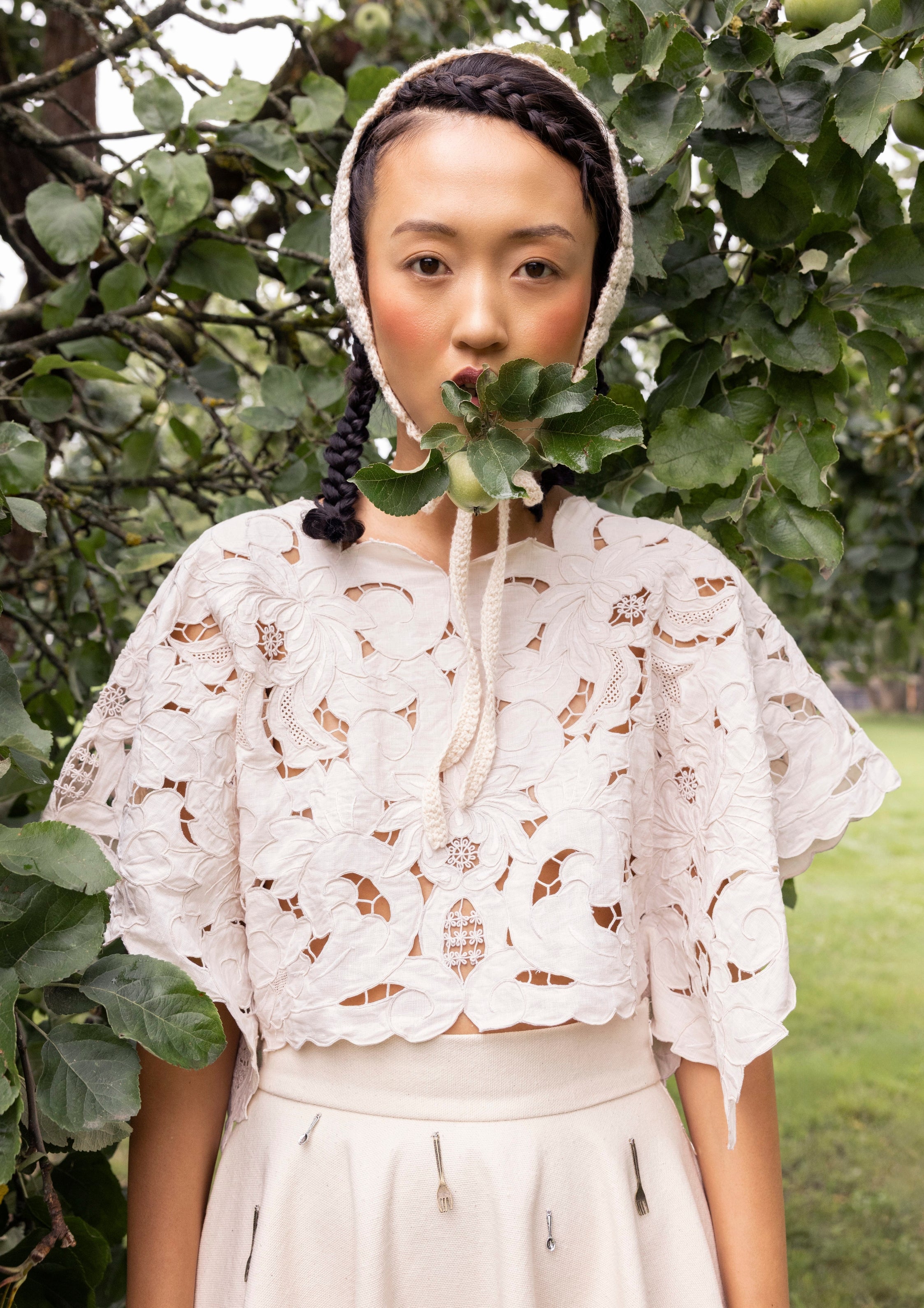 table cloth top cutlery skirt crocheted head piece apple tree lookbook slow fashion design Marie-Louise Müller