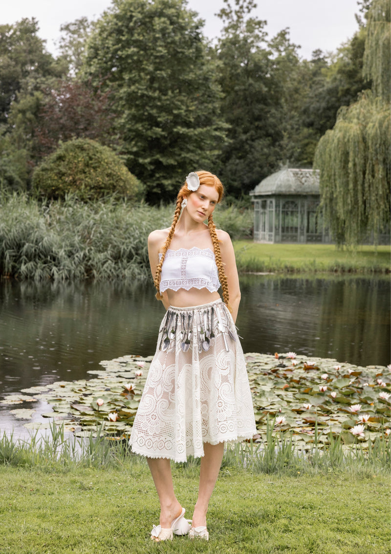 table cloth top skirt upcycling cutlery belt lookbook photoshoot slow fashion design berlin Marie-Louise Müller