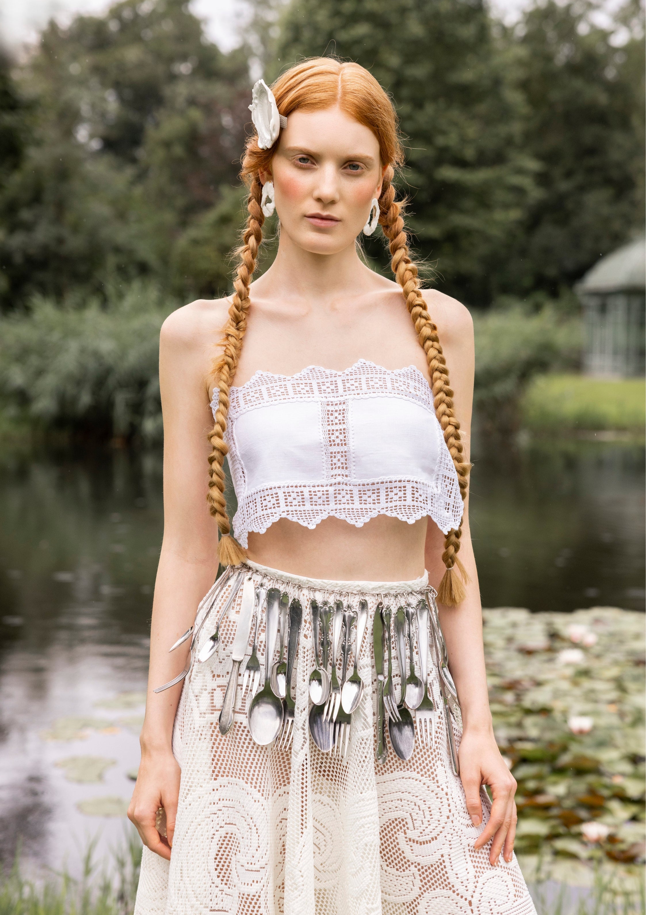 table cloth top skirt upcycling cutlery belt lookbook photoshoot slow fashion design berlin Marie-Louise Müller