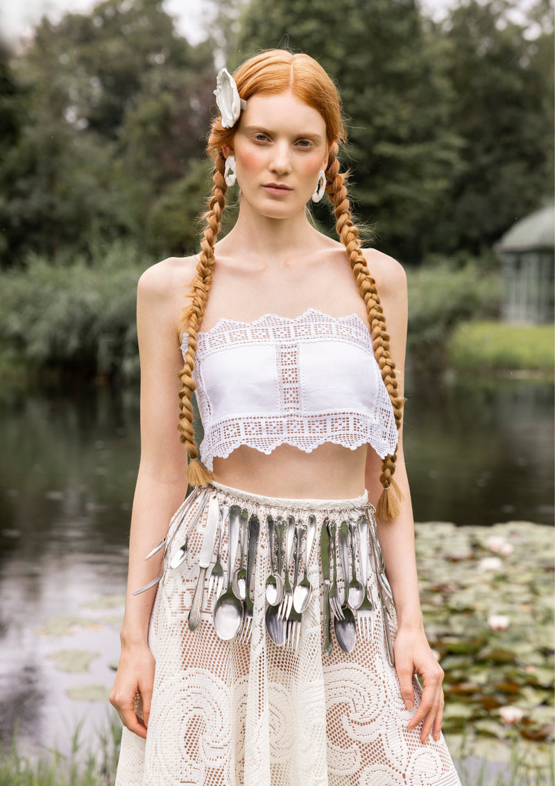 table cloth top skirt upcycling cutlery belt lookbook photoshoot slow fashion design berlin Marie-Louise Müller