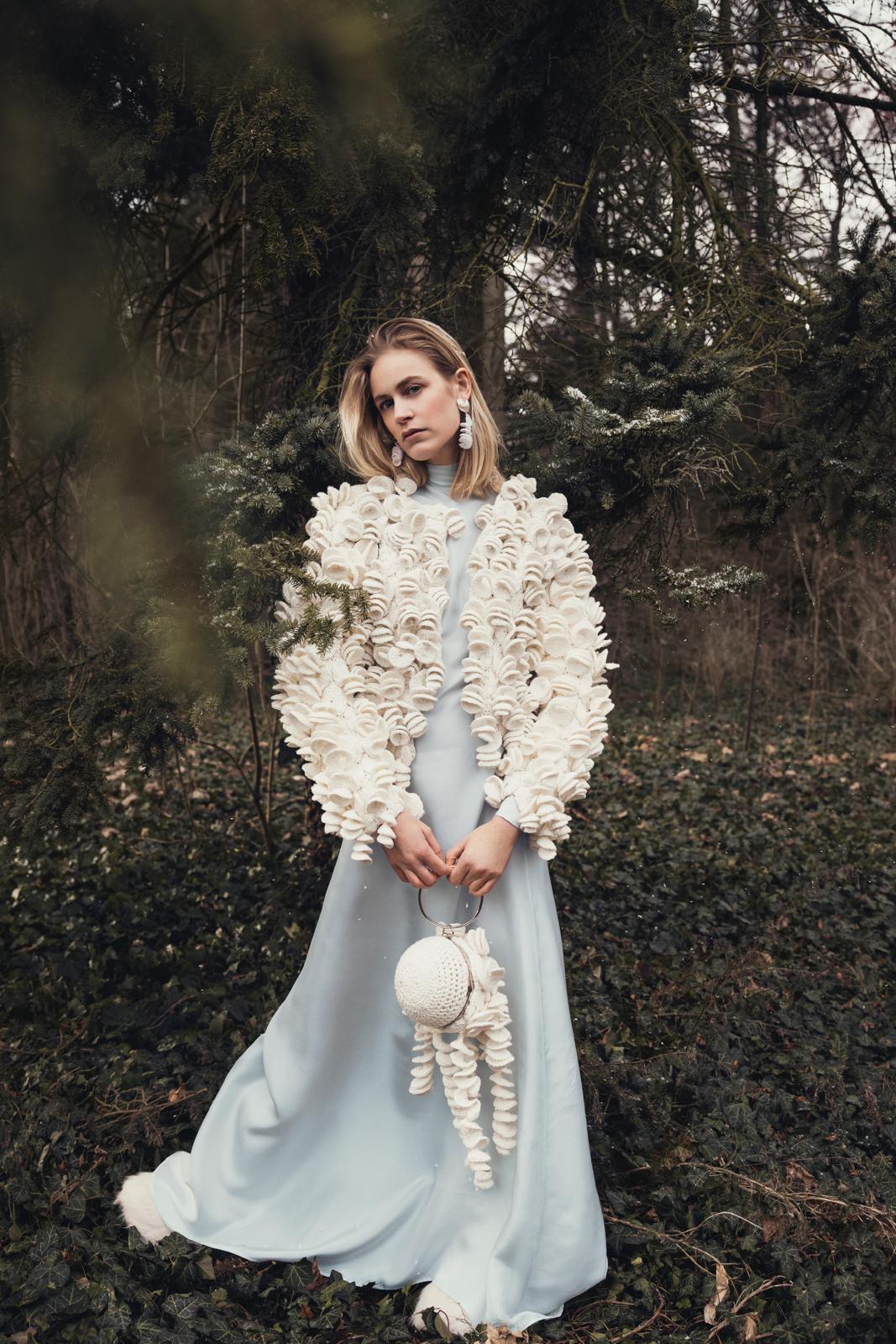 vargavinter slow fashion collection handmade crocheted ruffle jacket snow ball bag blue silk dress emmauswald bleibt berlin Marie-Louise Müller