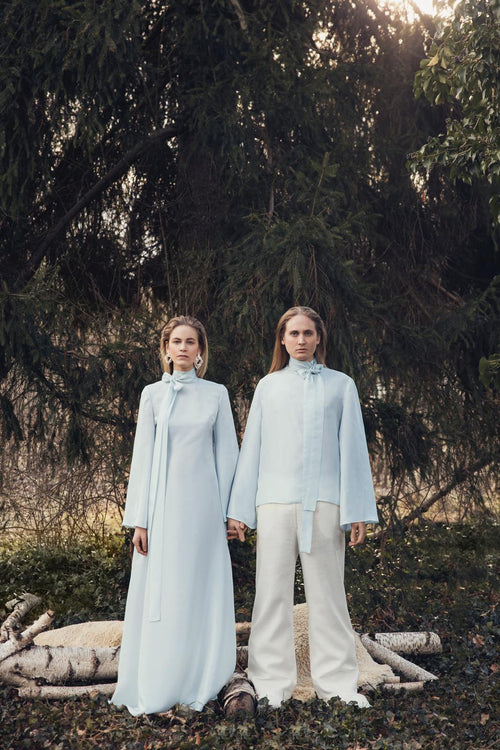 vargavinter slow fashion collection handmade crocheted blue silk dress pants male female lookbook editorial emmauswald bleibt berlin Marie-Louise Müller Markus Einer